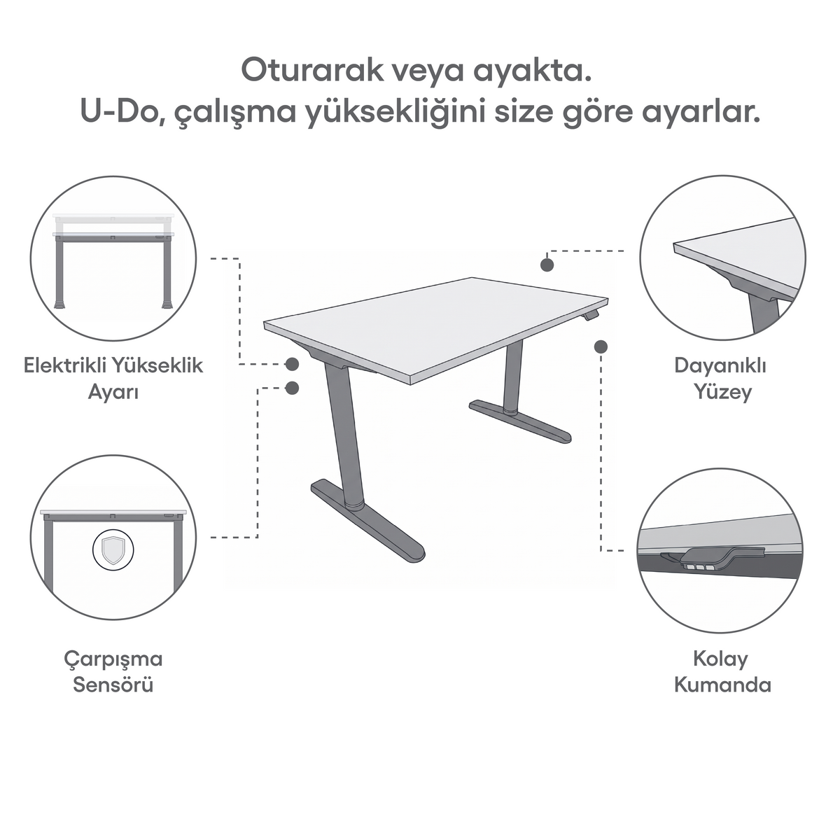U-Do Sit&Stand Yükseklik Ayarlı Standart Kontrol Panelli Çalışma Masası - Melamin